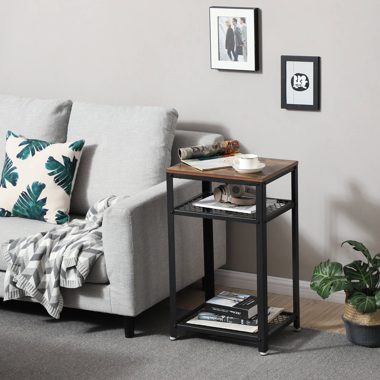 Industrial Side Table with 2-Tier Shelves