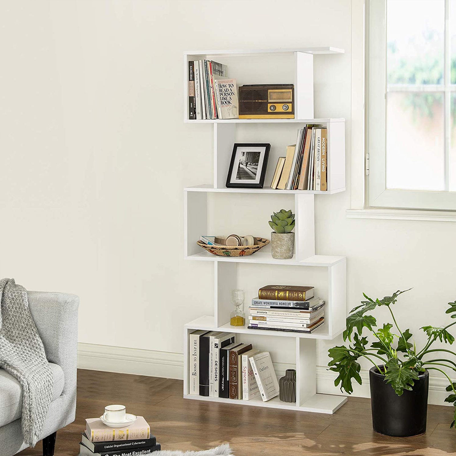 Wooden 5-Tier White Bookcase