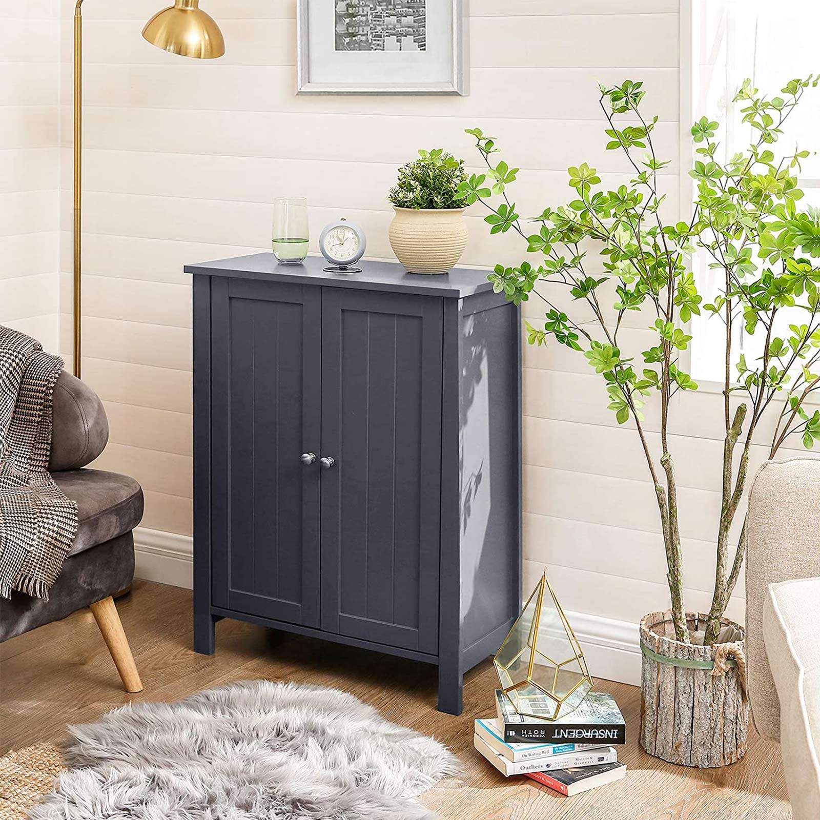 Bathroom Floor Storage Cabinet with Double Door Adjustable Shelf