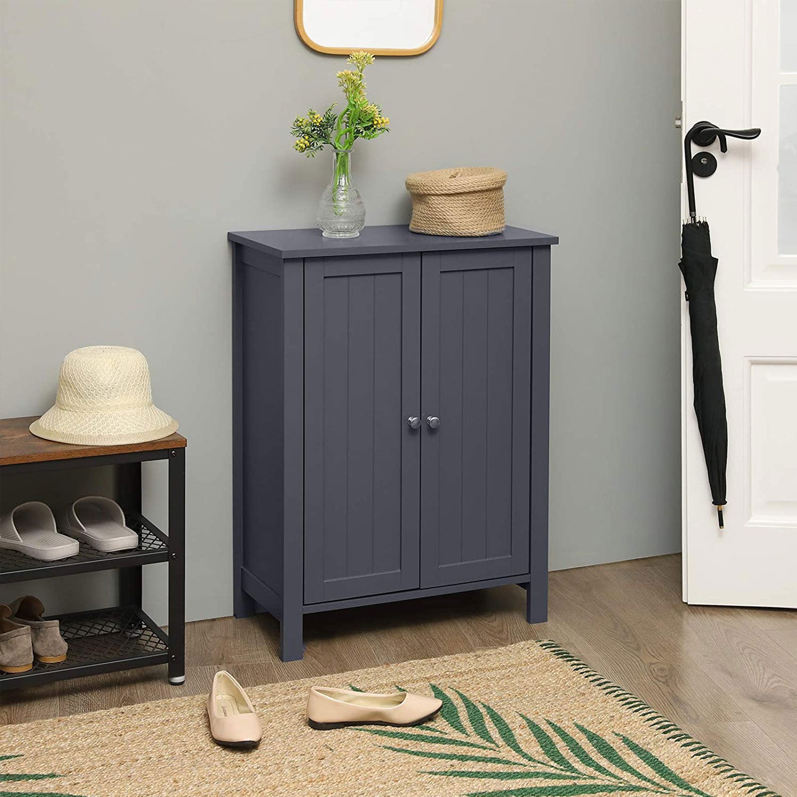 Bathroom Floor Storage Cabinet with Double Door Adjustable Shelf