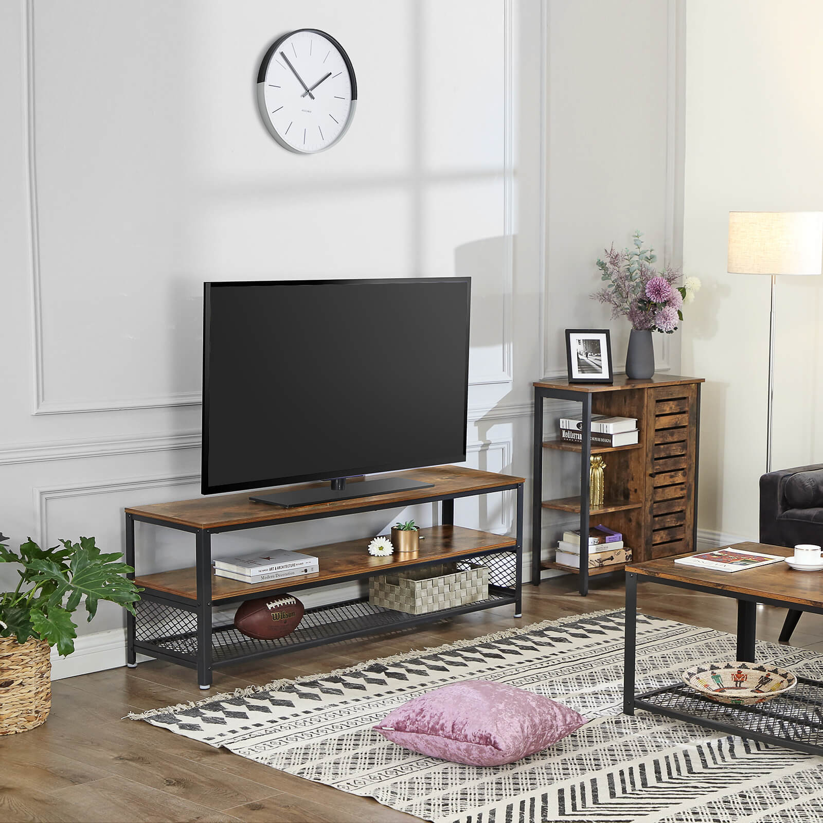 Industrial Long TV Stand with Shelves