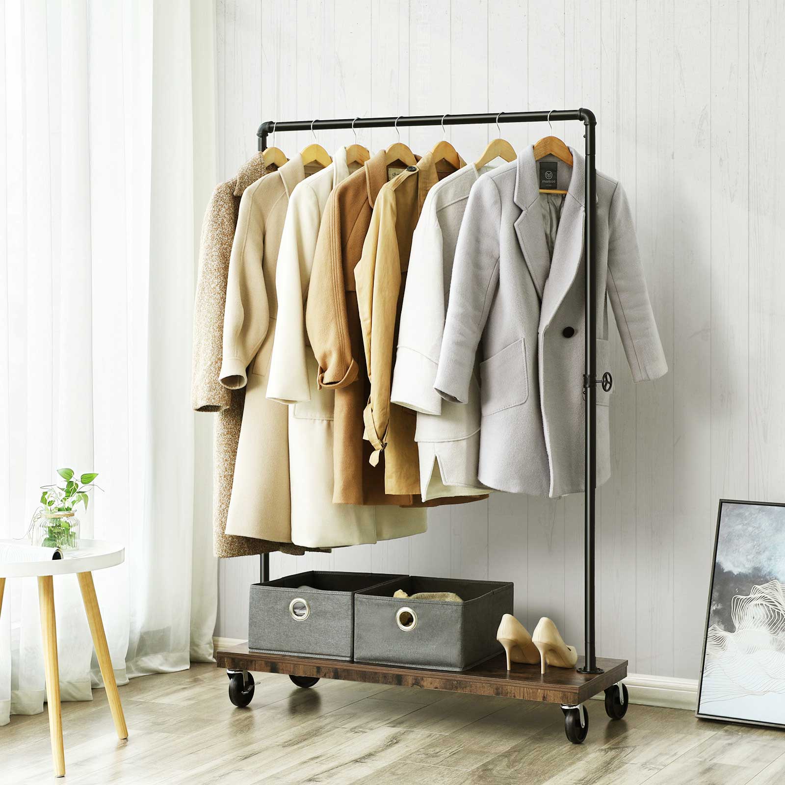 Industrial Pipe Style Rolling Garment Rack with Shoe Shelf