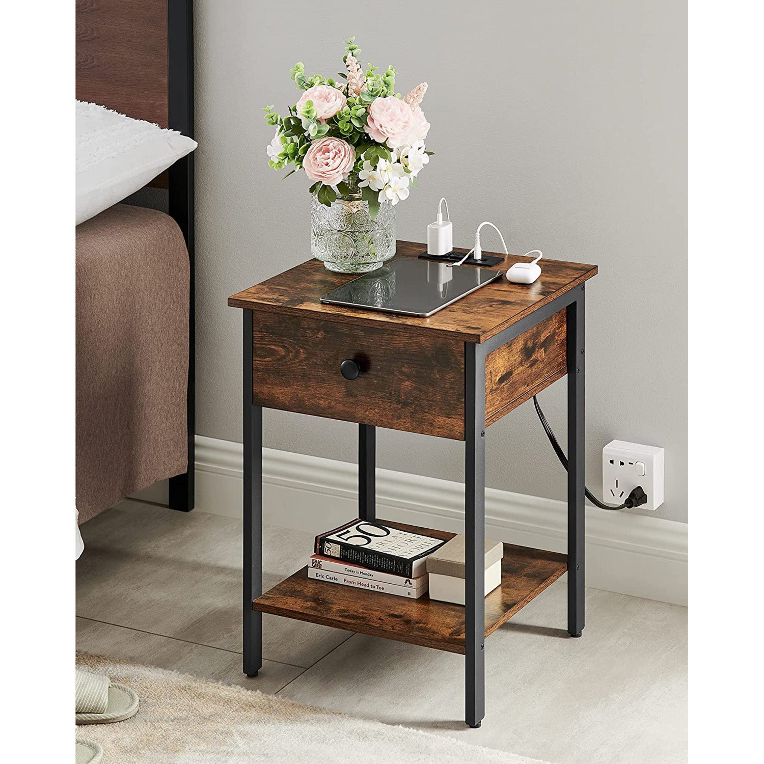 VASAGLE Nightstand with Charging Station and USB Ports