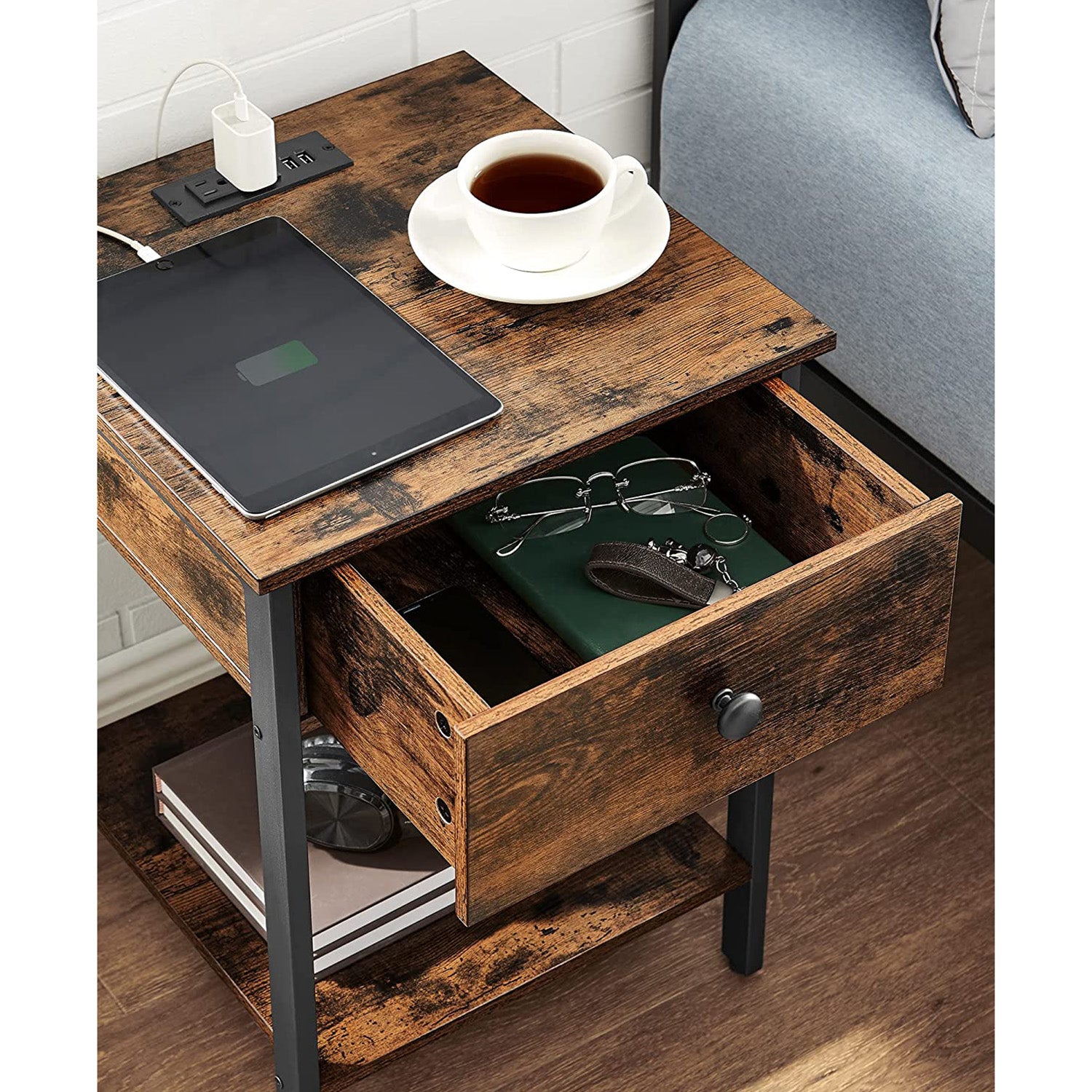 VASAGLE Nightstand with Charging Station and USB Ports