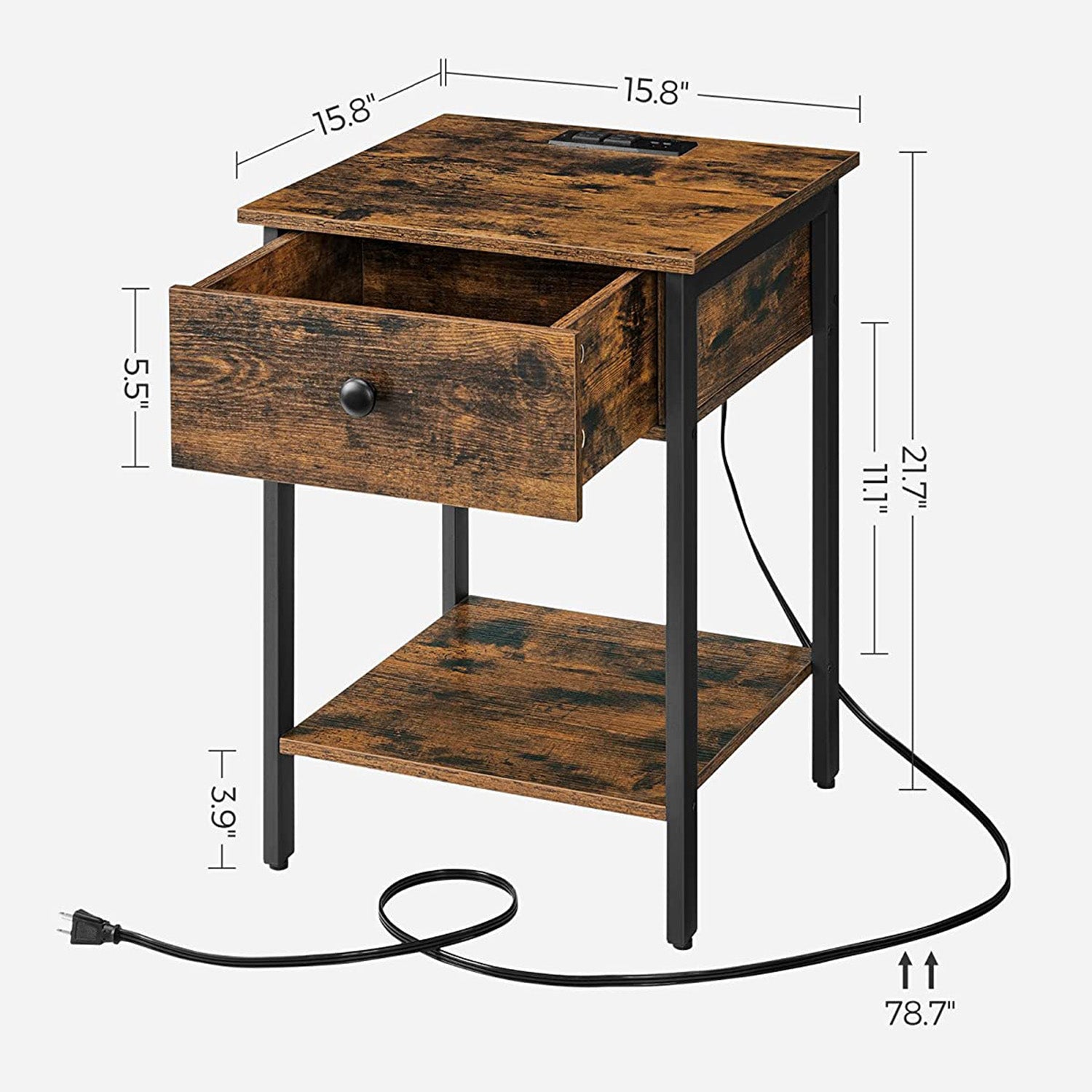 VASAGLE Nightstand with Charging Station and USB Ports