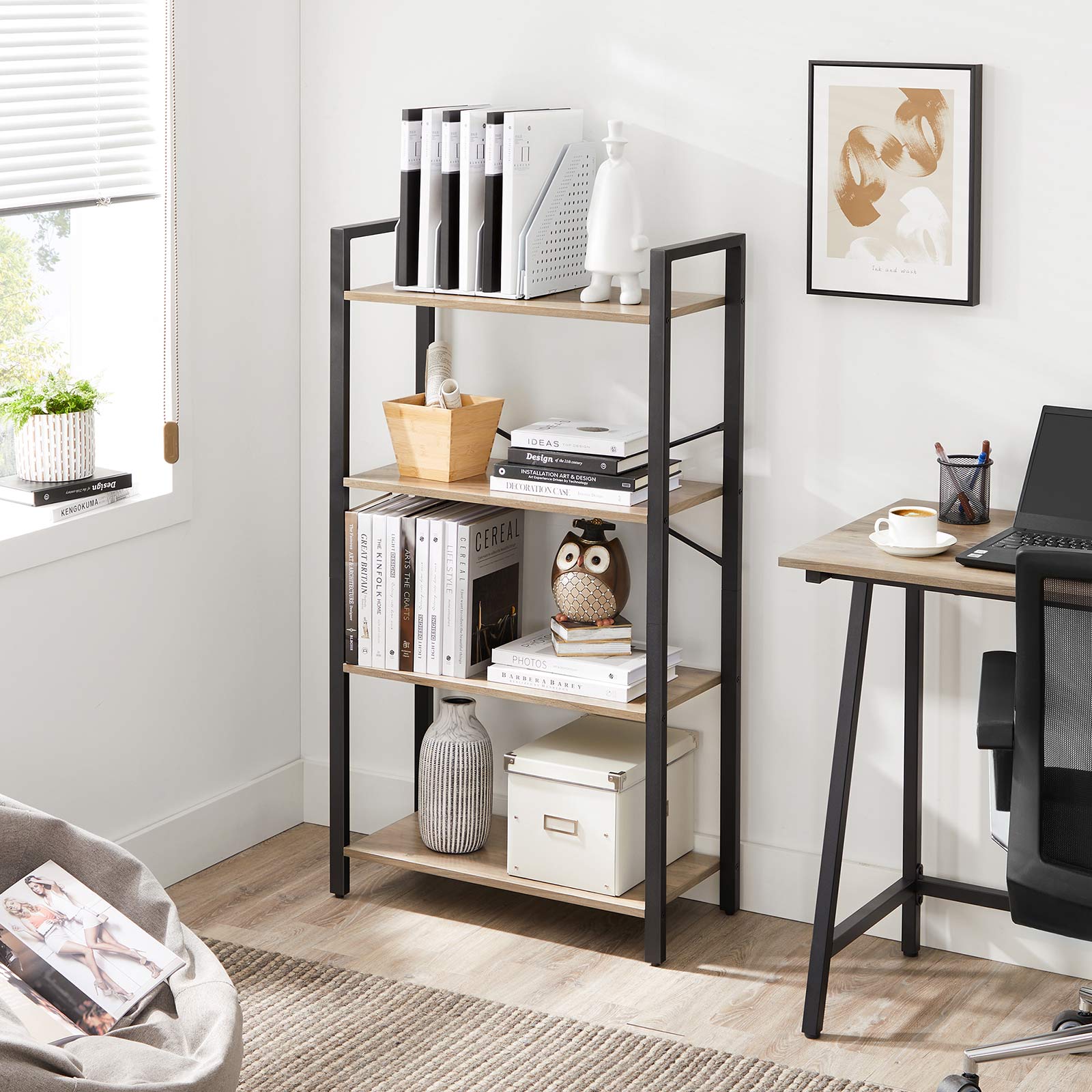 Greige and Black 4-Tier Bookshelf