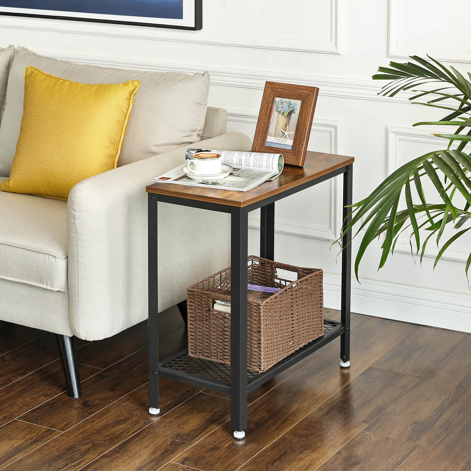 Industrial Sofa Table with Mesh Shelf