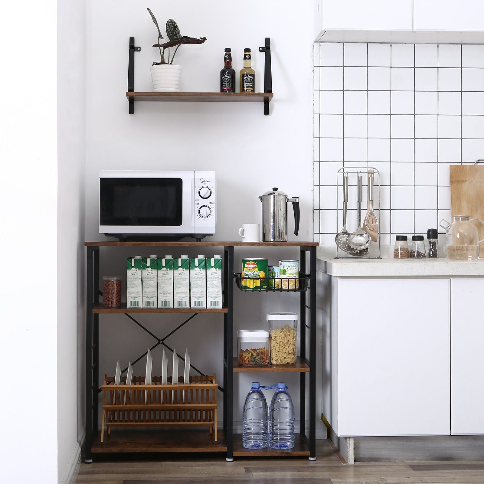 Kitchen Baker’s Rack and Coffee Bar with Wire Basket