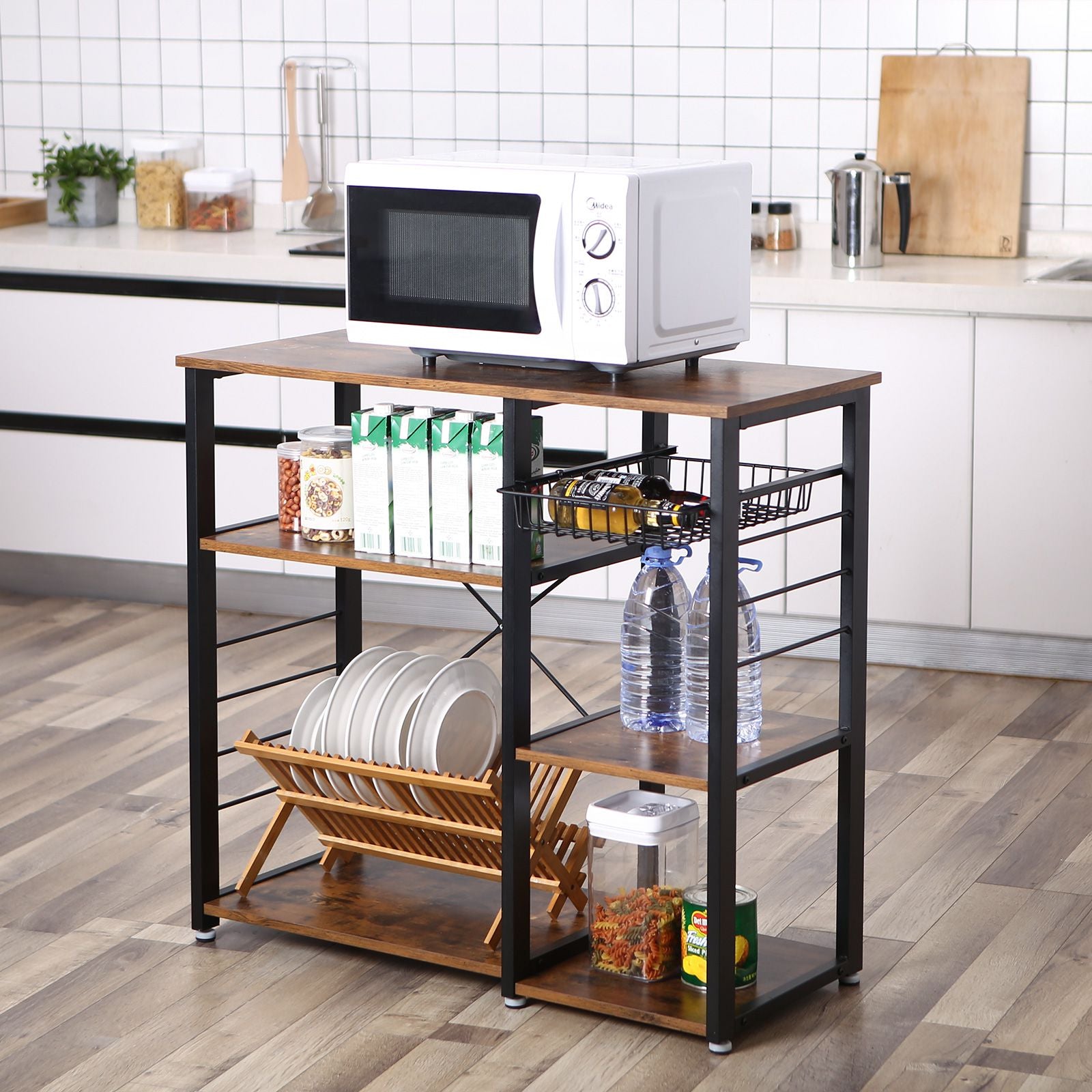 Kitchen Baker’s Rack and Coffee Bar with Wire Basket