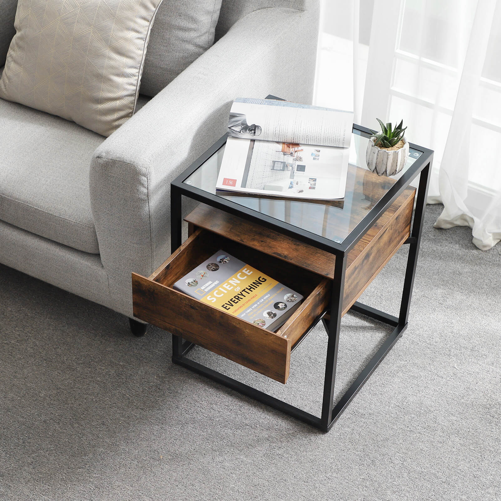 Tempered Glass End Table with Drawer