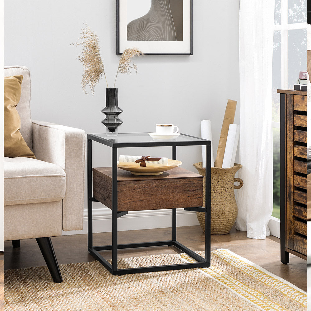 Tempered Glass End Table with Drawer