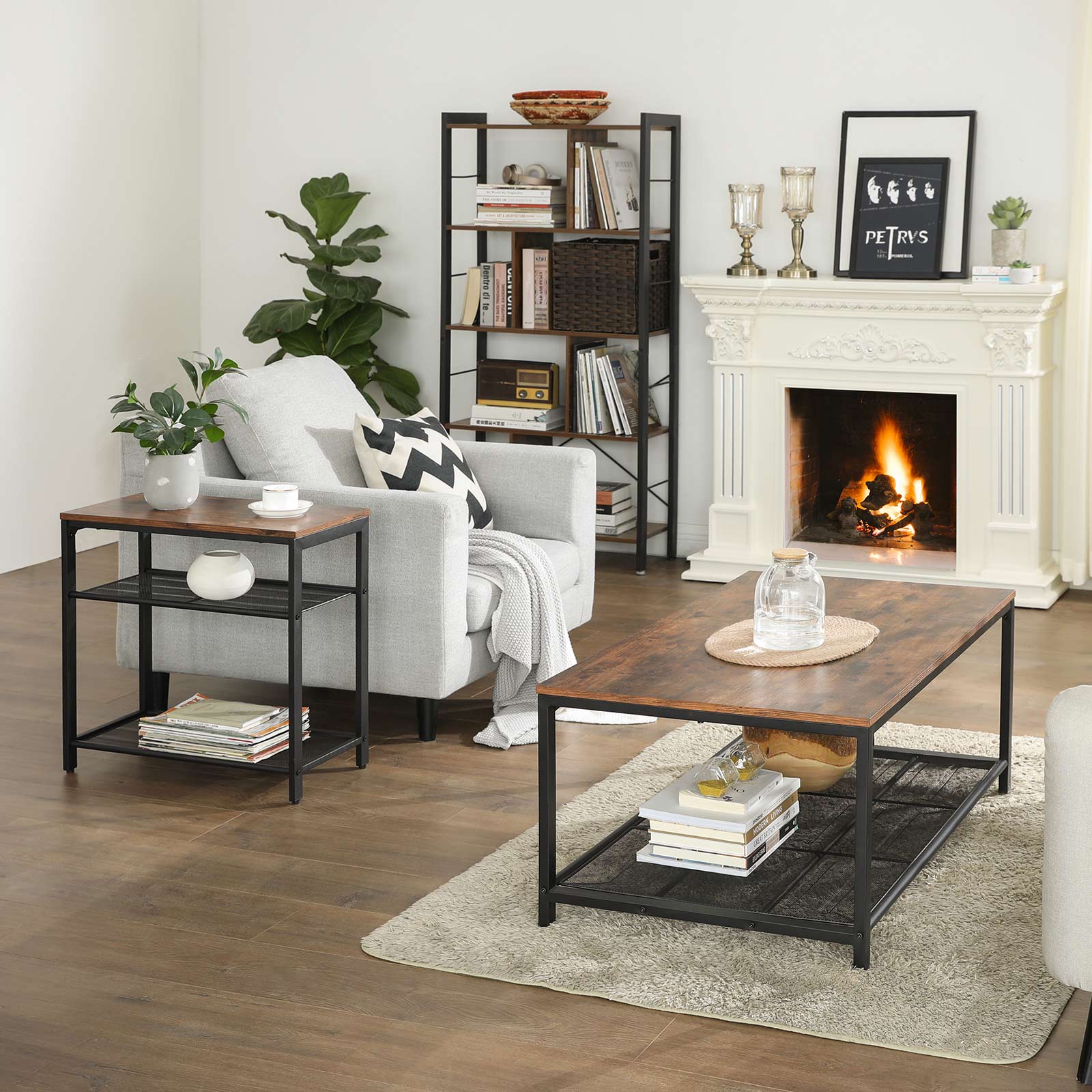 3-Tier Slim End Table with Engineered Wood and Mesh Shelves