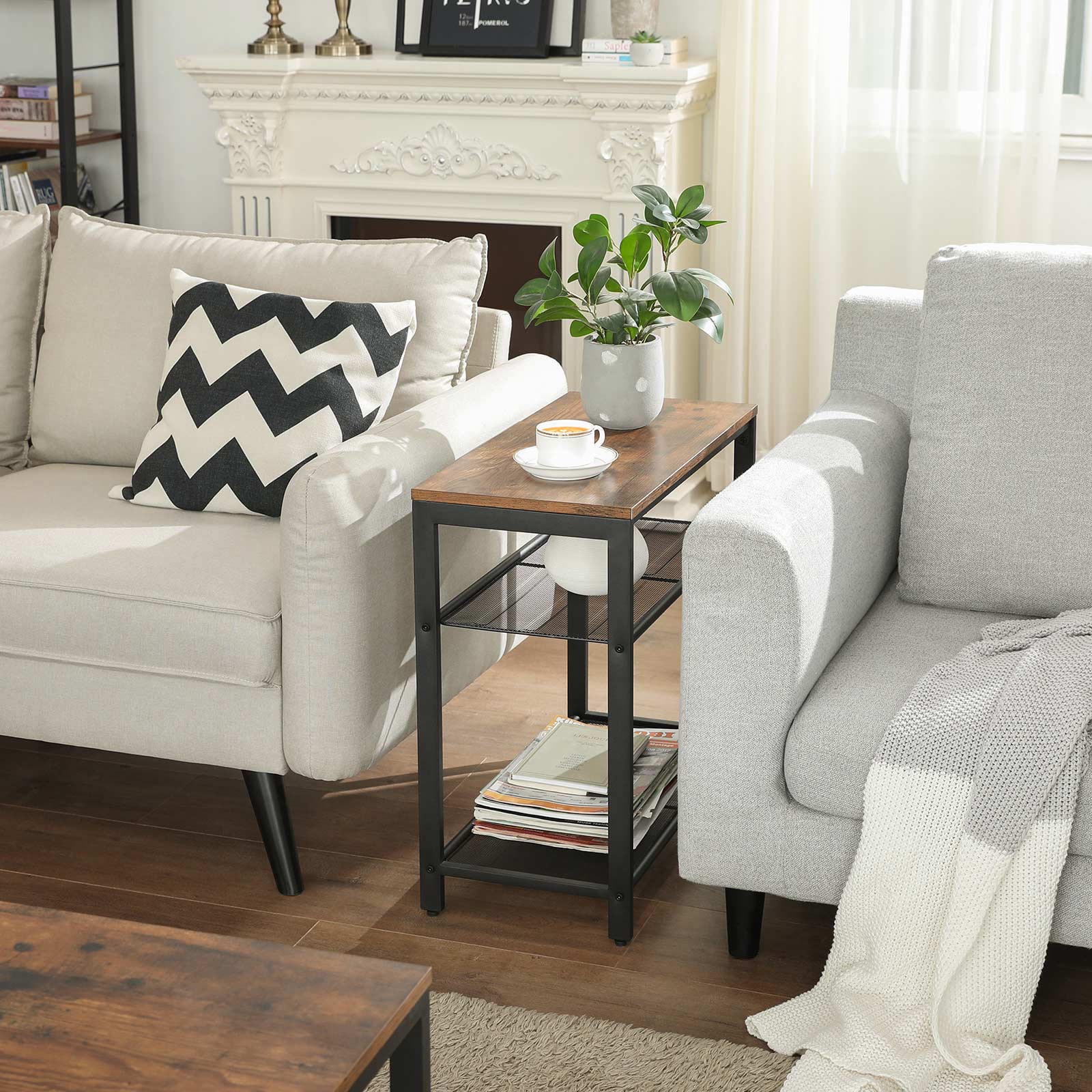 3-Tier Slim End Table with Engineered Wood and Mesh Shelves