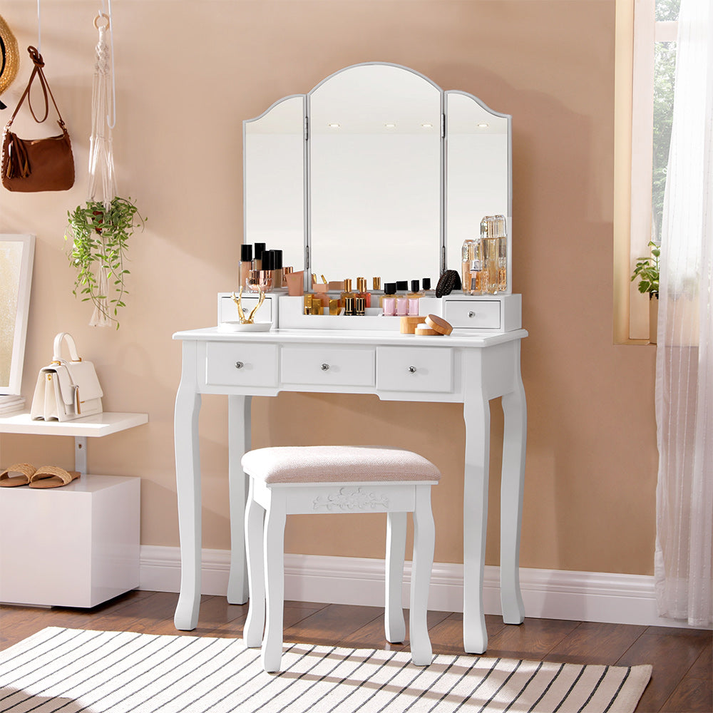 Makeup Dressing Table Set with Tri-Folding Mirror