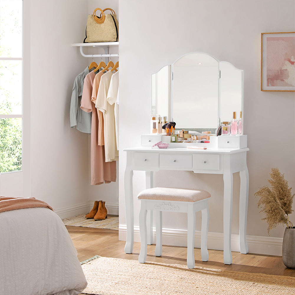 Makeup Dressing Table Set with Tri-Folding Mirror